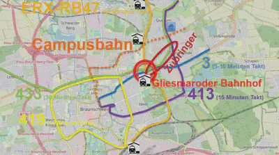(Anbindung des Braunschweiger Nordosten über den Gliesmaroder Bhf. und Bahnhof Zubringer - Zusammenspiel von BSVG und Bahn (Karte im Hintergrund: Map, 2021))