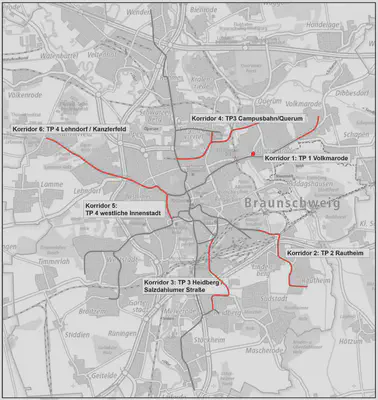 Geplantes Gesamtstreckennetz für den Stadtbahnausbau 2030.